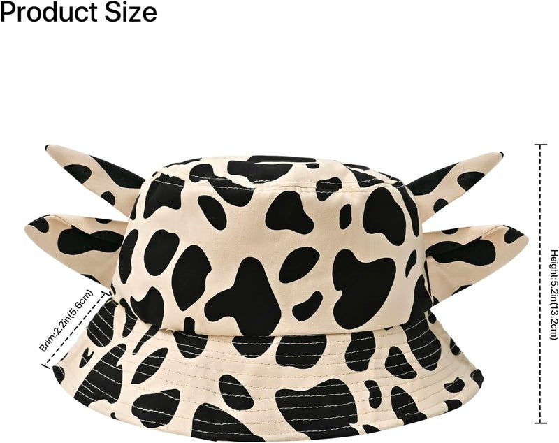 QANQIUPLE Cow Print Bucket Hat with Cute Horn Ears Cow Print Summer Beach Sun Hat Fisherman's Cow Bucket Hat - Image 4